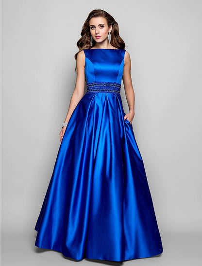 Elegant A-Line Boat Neck Pleated Beaded Floor Length Dress for Wedding Guests.