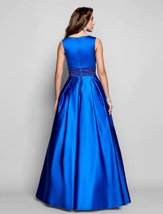 Elegant A-Line Boat Neck Pleated Beaded Floor Length Dress for Wedding Guests.