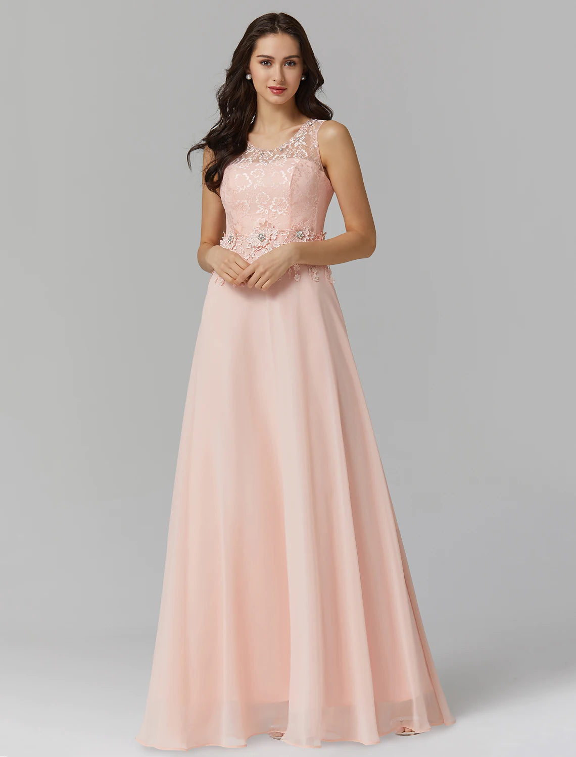 Elegant A-Line Empire Illusion Neck Chiffon Beaded Floor Length Wedding Guest Dress.