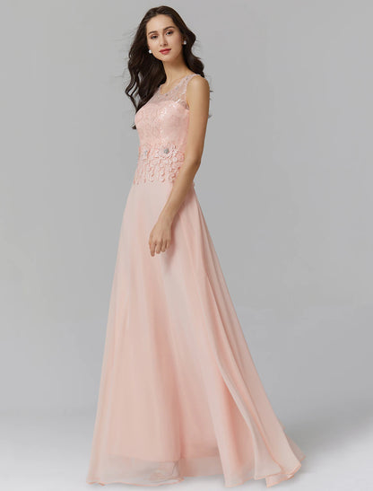 Elegant A-Line Empire Illusion Neck Chiffon Beaded Floor Length Wedding Guest Dress.
