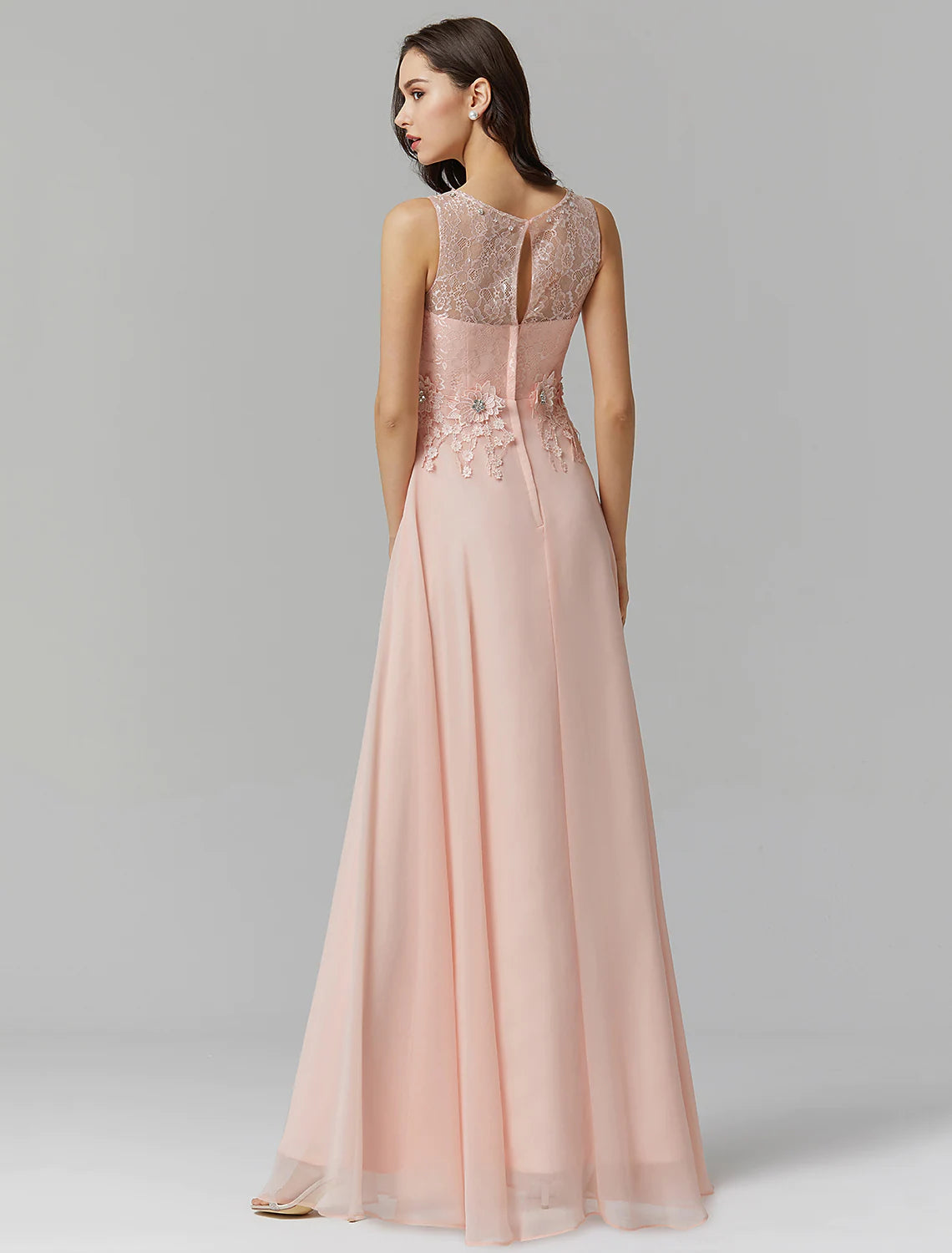 Elegant A-Line Empire Illusion Neck Chiffon Beaded Floor Length Wedding Guest Dress.