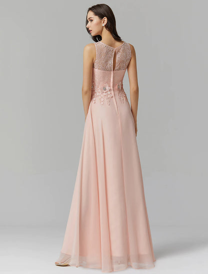 Elegant A-Line Empire Illusion Neck Chiffon Beaded Floor Length Wedding Guest Dress.