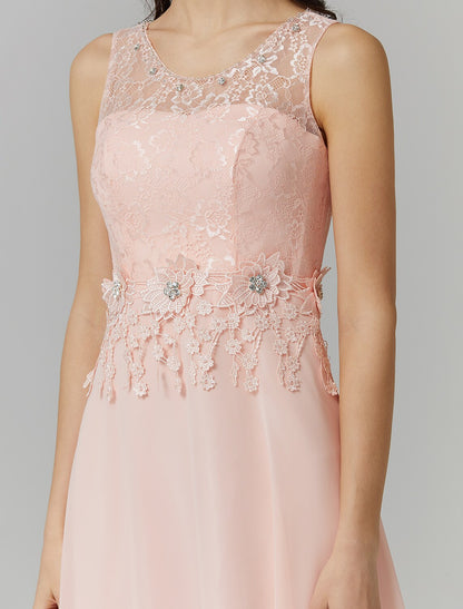 Elegant A-Line Empire Illusion Neck Chiffon Beaded Floor Length Wedding Guest Dress.