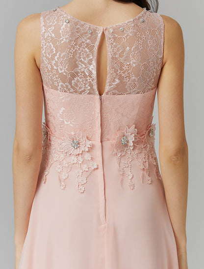 Elegant A-Line Empire Illusion Neck Chiffon Beaded Floor Length Wedding Guest Dress.