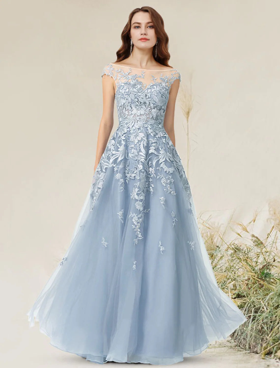 Elegant A-Line Empire Jewel Neck Floor Length Evening Dress with Lace Appliques.