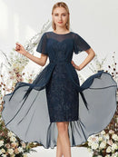 Elegant A-Line Empire Jewel Neck Short Sleeve Asymmetrical Chiffon Cocktail Dress.