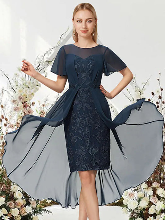 Elegant A-Line Empire Jewel Neck Short Sleeve Asymmetrical Chiffon Cocktail Dress.