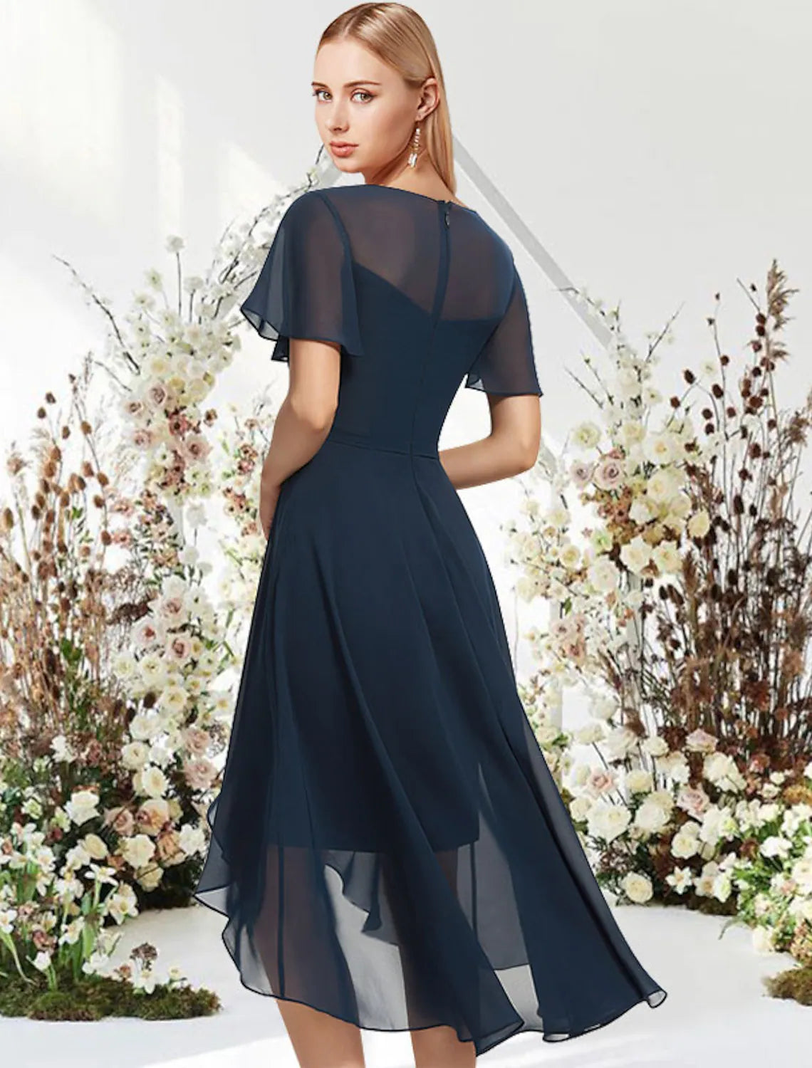 Elegant A-Line Empire Jewel Neck Short Sleeve Asymmetrical Chiffon Cocktail Dress.
