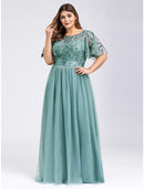 Elegant A-Line Empire Jewel Neck Short Sleeve Sequin Tulle Floor Length Prom Dress.