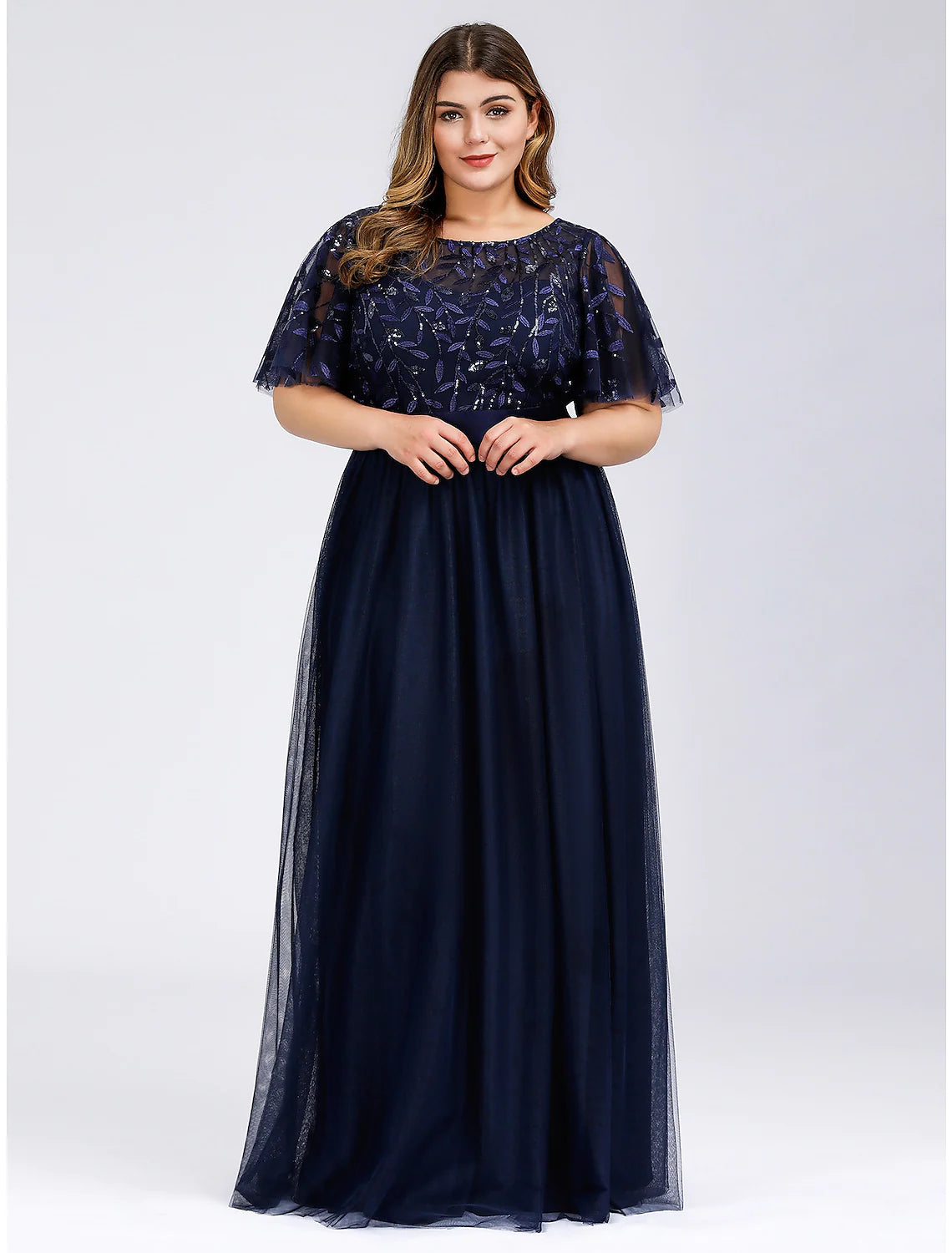 Elegant A-Line Empire Jewel Neck Short Sleeve Sequin Tulle Floor Length Prom Dress.