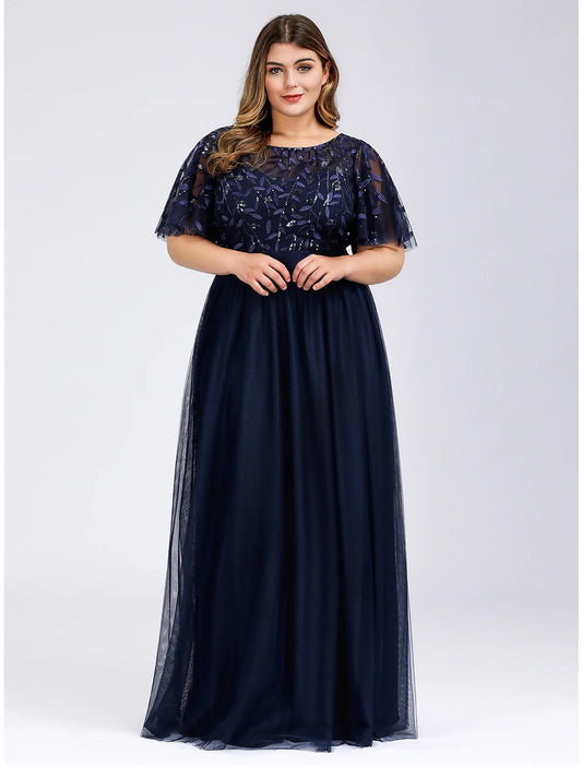 Elegant A-Line Empire Jewel Neck Short Sleeve Sequin Tulle Floor Length Prom Dress.
