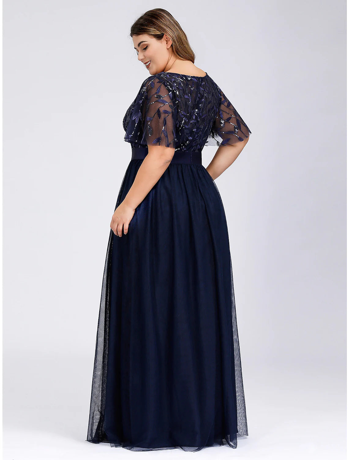 Elegant A-Line Empire Jewel Neck Short Sleeve Sequin Tulle Floor Length Prom Dress.
