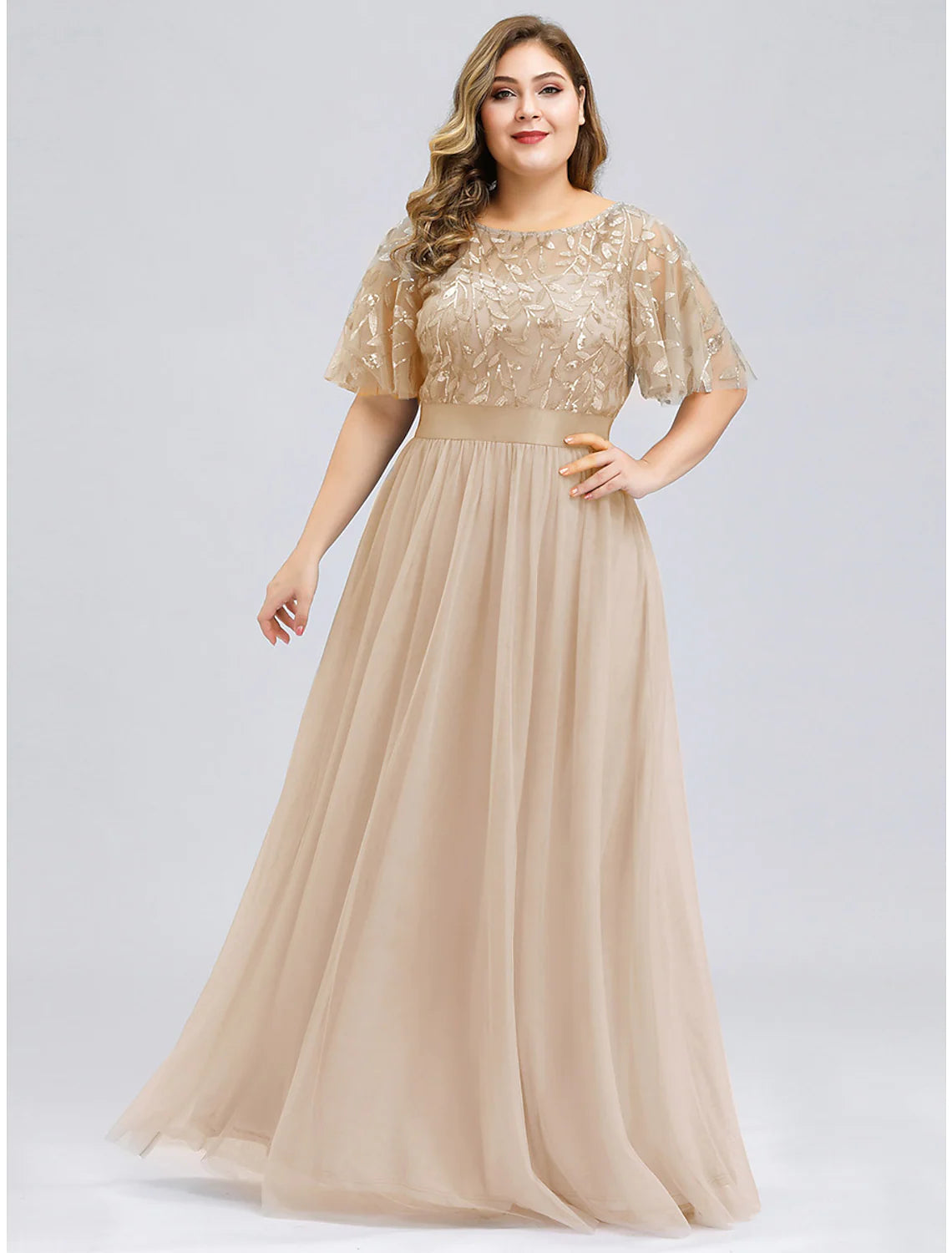 Elegant A-Line Empire Jewel Neck Short Sleeve Sequin Tulle Floor Length Prom Dress.