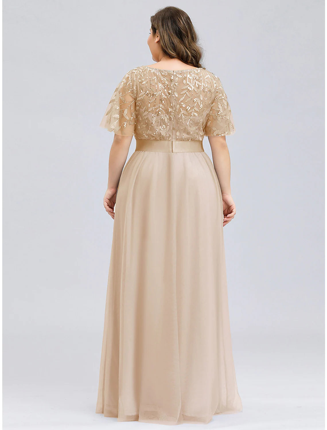 Elegant A-Line Empire Jewel Neck Short Sleeve Sequin Tulle Floor Length Prom Dress.