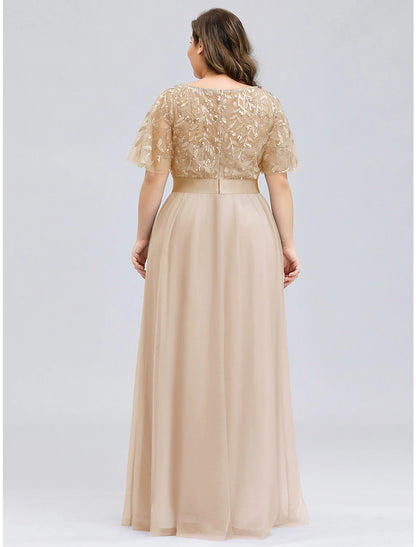 Elegant A-Line Empire Jewel Neck Short Sleeve Sequin Tulle Floor Length Prom Dress.