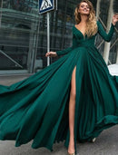 Elegant A-Line Empire V-Neck Long Sleeve Chiffon Holiday Evening Gown.