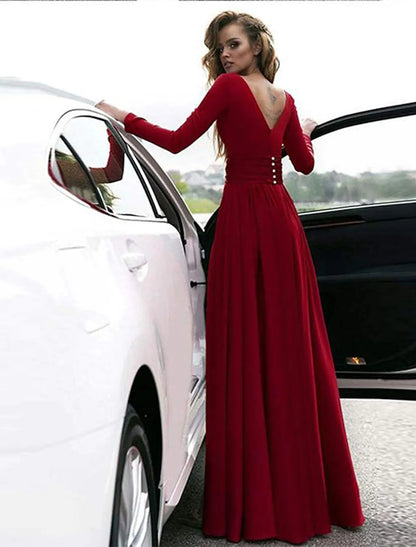 Elegant A-Line Empire V-Neck Long Sleeve Chiffon Holiday Evening Gown.