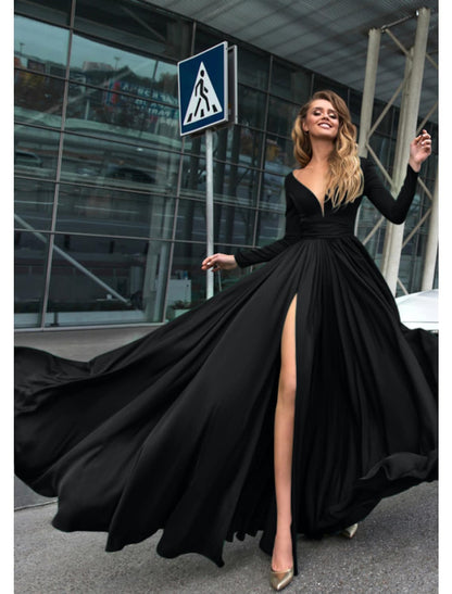 Elegant A-Line Empire V-Neck Long Sleeve Chiffon Holiday Evening Gown.