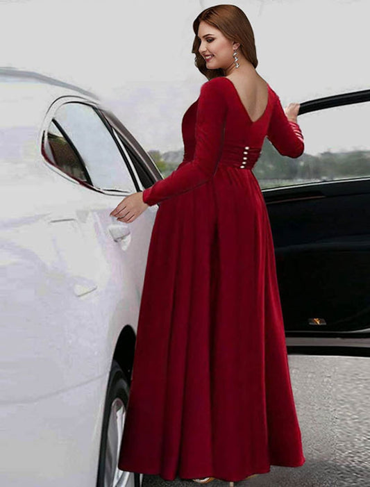 Elegant A-Line Empire V-Neck Long Sleeve Plus Size Formal Evening Gown.