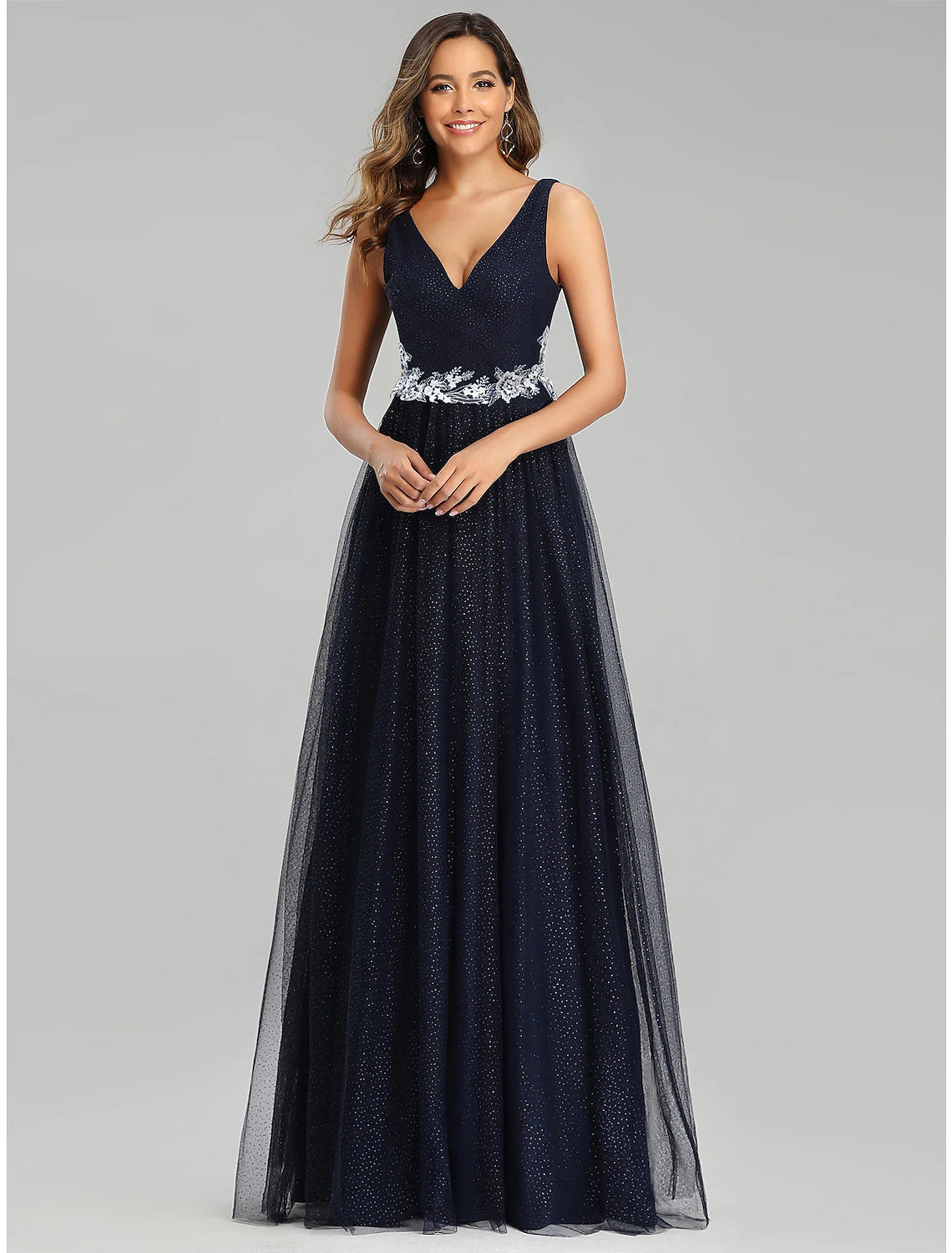 Elegant A-Line Empire V-Neck Tulle Sequin Floor Length Prom Dress.