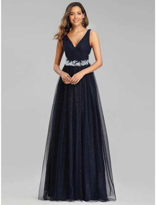 Elegant A-Line Empire V-Neck Tulle Sequin Floor Length Prom Dress.