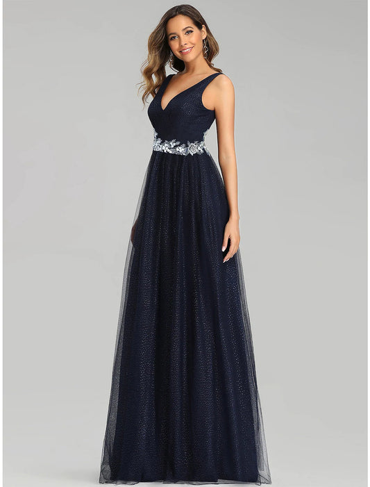 Elegant A-Line Empire V-Neck Tulle Sequin Floor Length Prom Dress.