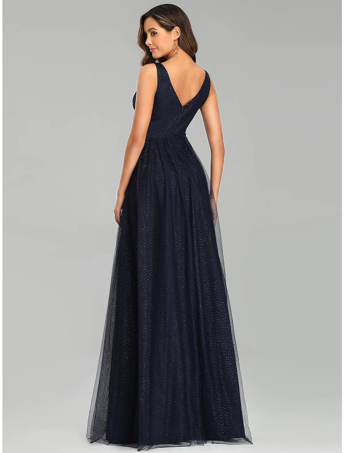Elegant A-Line Empire V-Neck Tulle Sequin Floor Length Prom Dress.