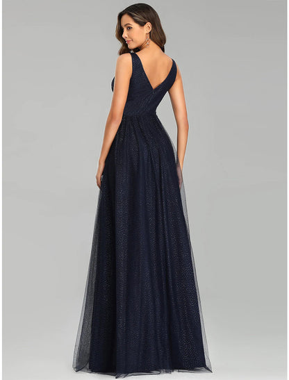 Elegant A-Line Empire V-Neck Tulle Sequin Floor Length Prom Dress.