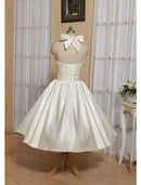 Elegant A-Line Halter Minimalist Butterfly Tea-Length Satin Cocktail Dress.