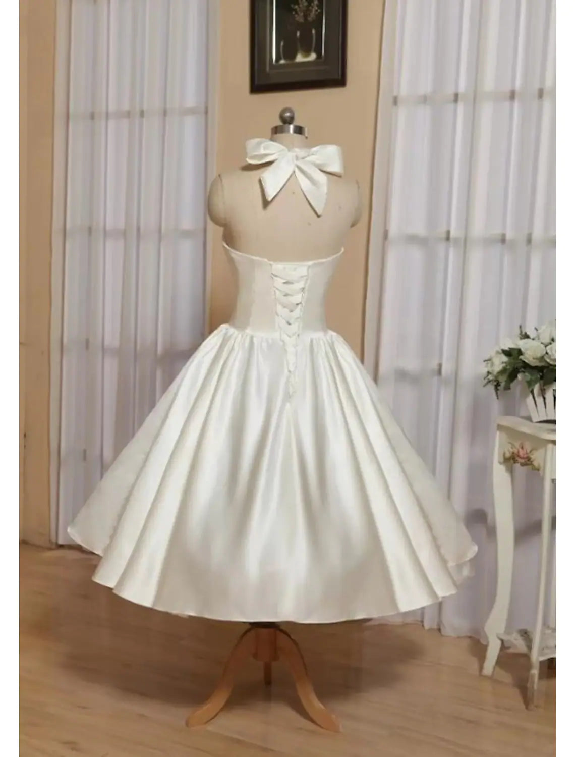 Elegant A-Line Halter Minimalist Butterfly Tea-Length Satin Cocktail Dress.