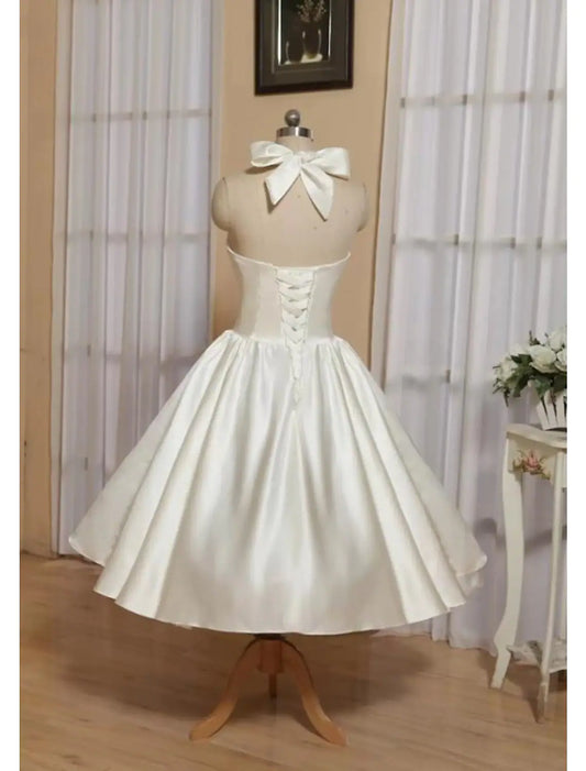 Elegant A-Line Halter Minimalist Butterfly Tea-Length Satin Cocktail Dress.