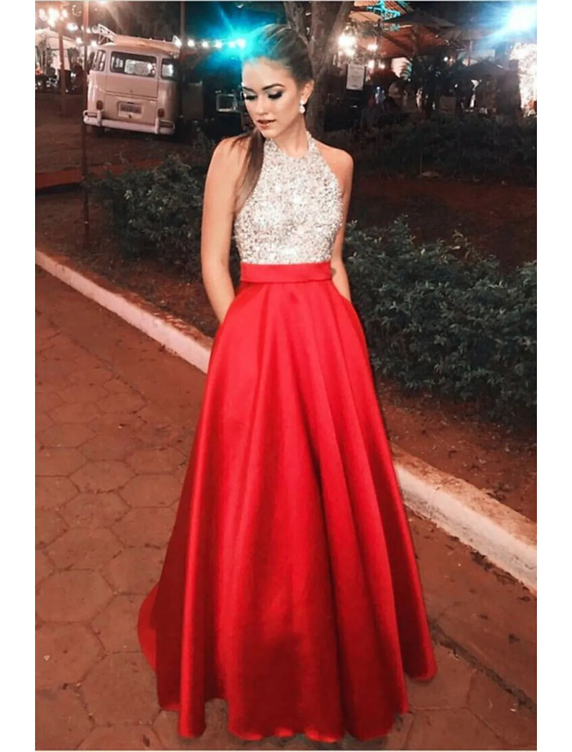Elegant A-Line Halter Pleated Sequin Color Block Floor Length Prom Dress.