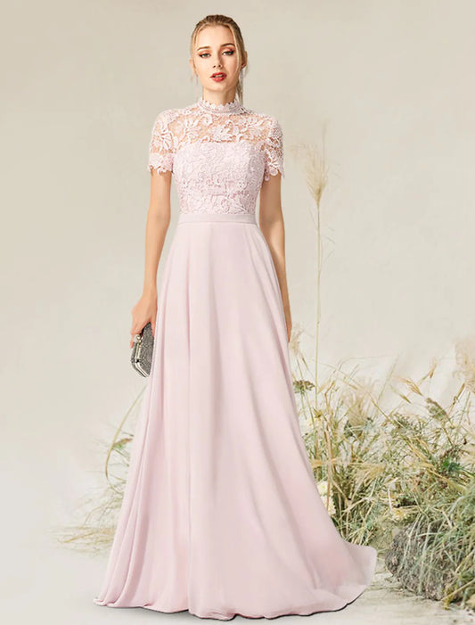 Elegant A-Line High Neck Short Sleeve Pleated Chiffon Evening Gown.