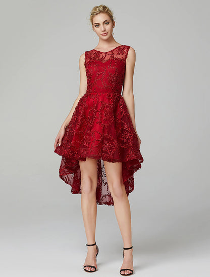 Elegant A-Line Illusion Neck Asymmetrical Tulle Applique Long Dress for Wedding Guests.