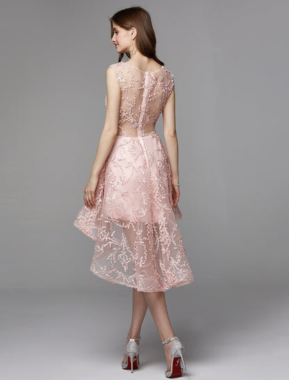Elegant A-Line Illusion Neck Asymmetrical Tulle Applique Long Dress for Wedding Guests.