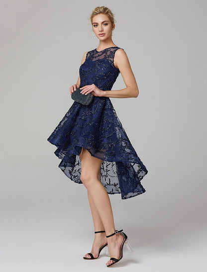 Elegant A-Line Illusion Neck Asymmetrical Tulle Applique Long Dress for Wedding Guests.