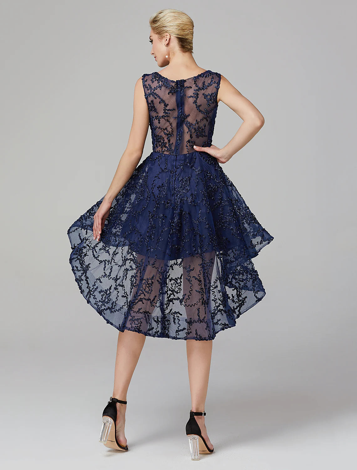 Elegant A-Line Illusion Neck Asymmetrical Tulle Applique Long Dress for Wedding Guests.