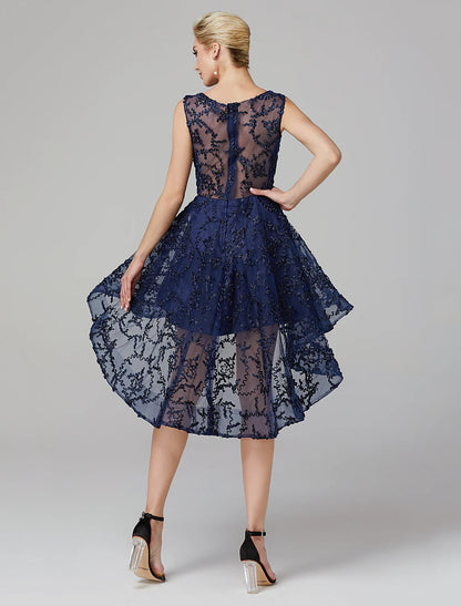 Elegant A-Line Illusion Neck Asymmetrical Tulle Applique Long Dress for Wedding Guests.