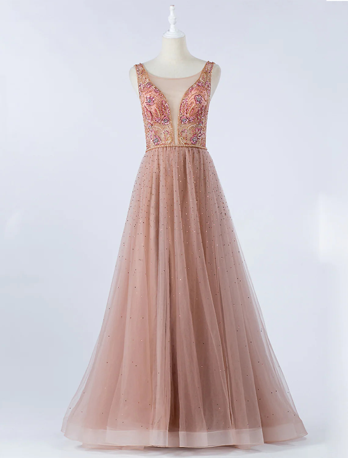 Elegant A-Line Illusion Neck Backless Beaded Silver Floor Length Prom Gown.