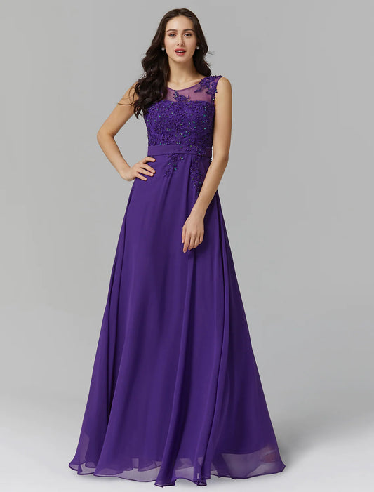 Elegant A-Line Illusion Neck Chiffon Chinese Style Beading Appliques Floor Length Dress.