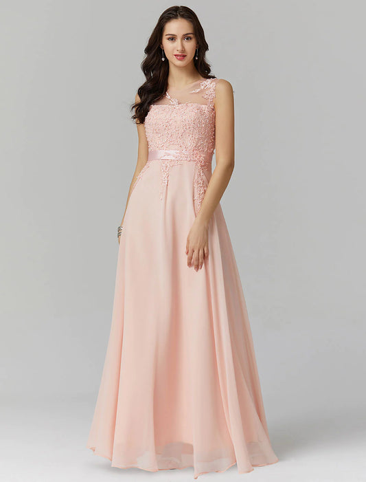 Elegant A-Line Illusion Neck Chiffon Chinese Style Beading Appliques Floor Length Dress.