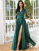 Elegant A-Line Illusion Neck Half Sleeve Pleated Sequin Satin Floor Length Evening Gown.