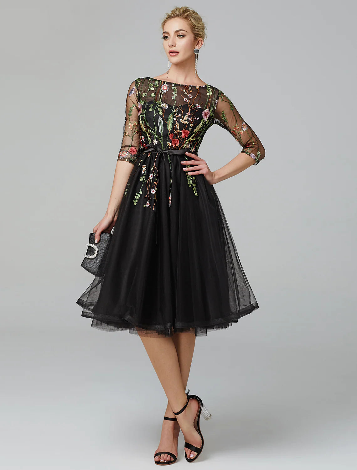 Elegant A-Line Illusion Neck Long Sleeve Black Tulle Embroidered Cocktail Dress.