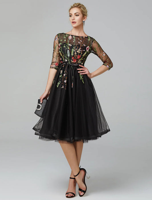 Elegant A-Line Illusion Neck Long Sleeve Black Tulle Embroidered Cocktail Dress.