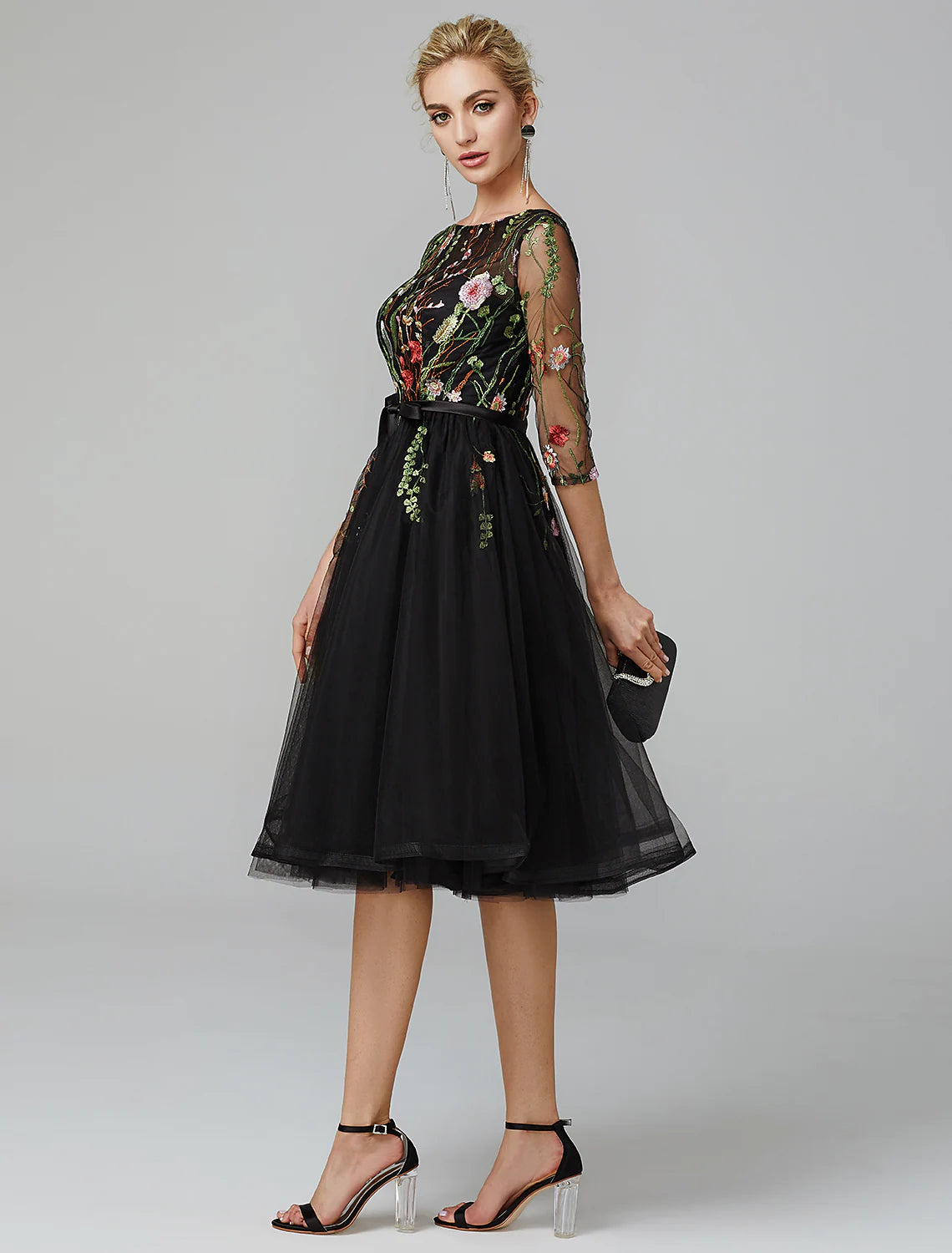 Elegant A-Line Illusion Neck Long Sleeve Black Tulle Embroidered Cocktail Dress.