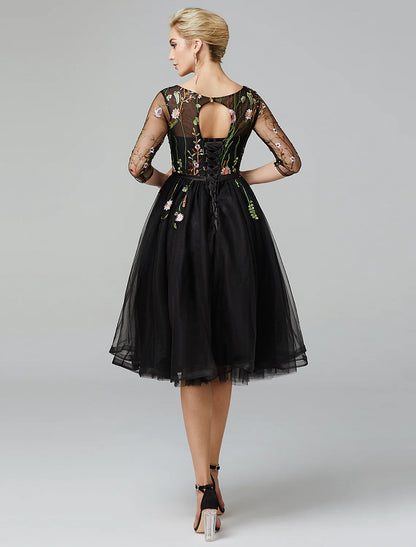 Elegant A-Line Illusion Neck Long Sleeve Black Tulle Embroidered Cocktail Dress.