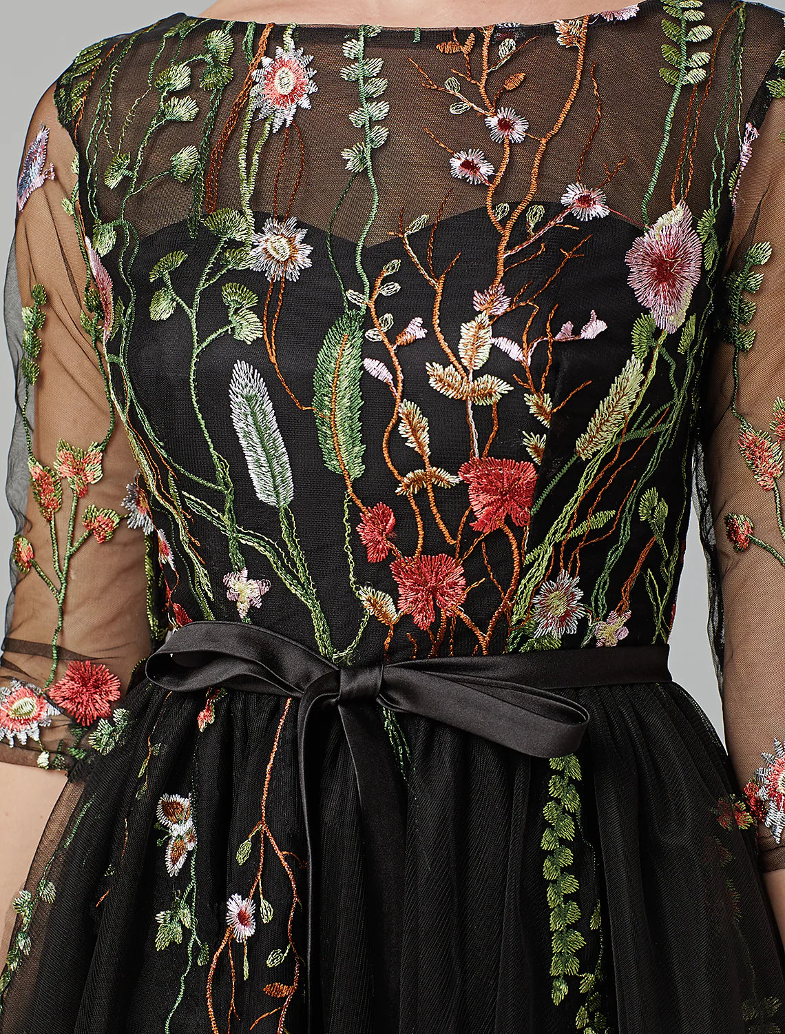 Elegant A-Line Illusion Neck Long Sleeve Black Tulle Embroidered Cocktail Dress.