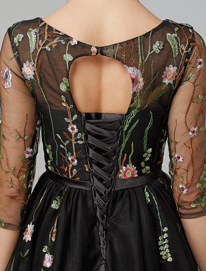 Elegant A-Line Illusion Neck Long Sleeve Black Tulle Embroidered Cocktail Dress.