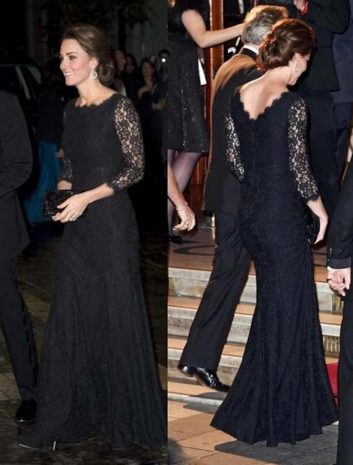 Side view of Elegant A-Line Jewel Neck 3/4 Sleeve Lace Formal Floor Length Evening Dress.