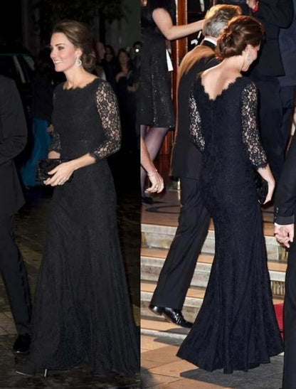 Side view of Elegant A-Line Jewel Neck 3/4 Sleeve Lace Formal Floor Length Evening Dress.